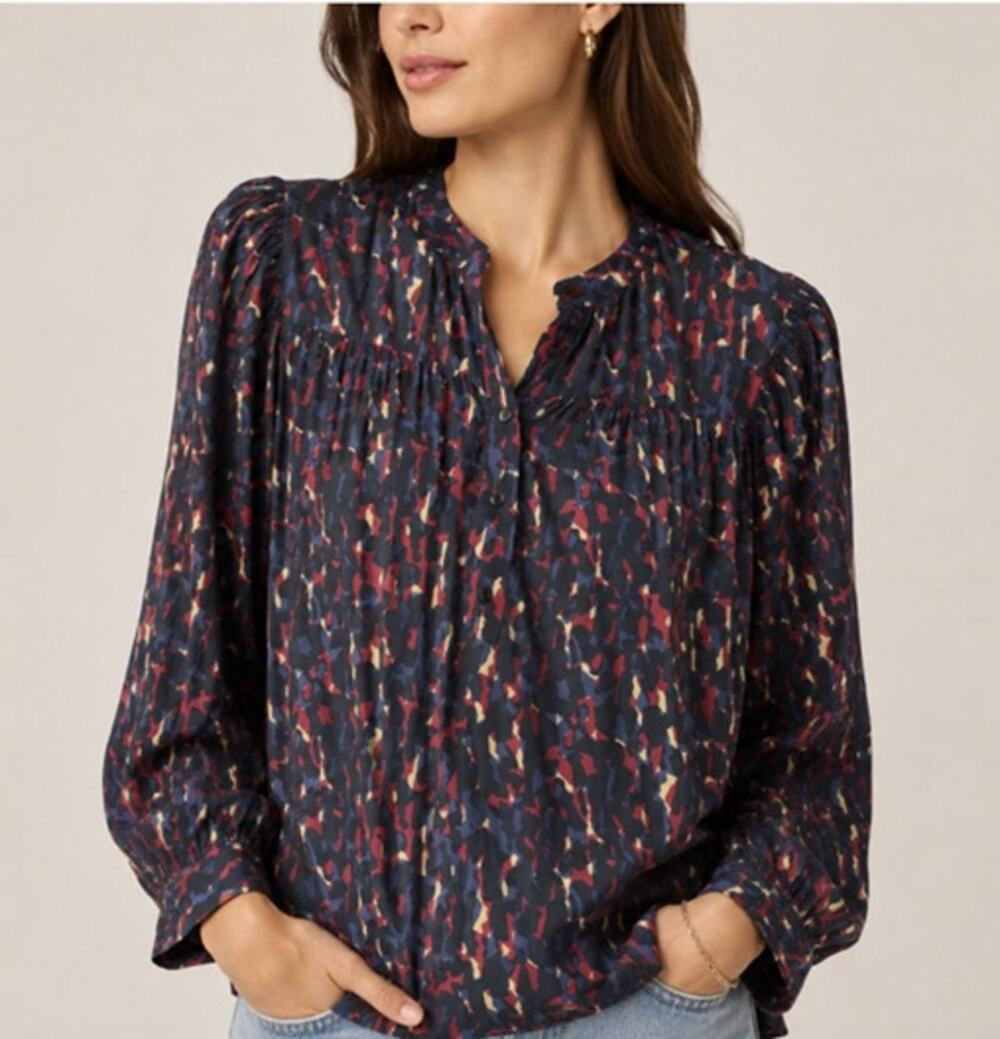ba&sh Paesie Shirt Womens M US 6 Navy Black Camo Print Ballon Sleeve